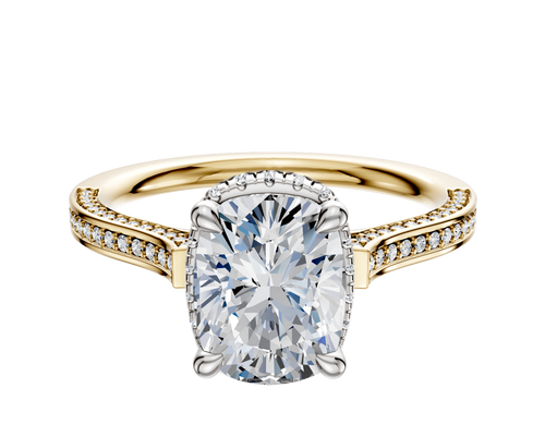 18K Two Tone 4 Prong Collar Cathedral Flat 3-Row-Pave 2.0mm Engagement Ring