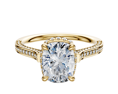 18K Yellow Gold 4 Prong Collar Cathedral Flat 3-Row-Pave 2.0mm Engagement Ring