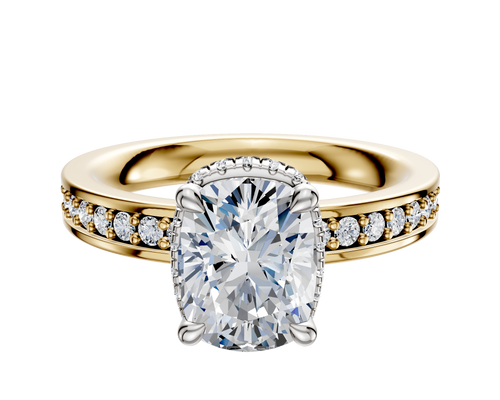 18K Two Tone 4 Prong Collar Classic Flat 1-Row-Pave 2.5mm Engagement Ring
