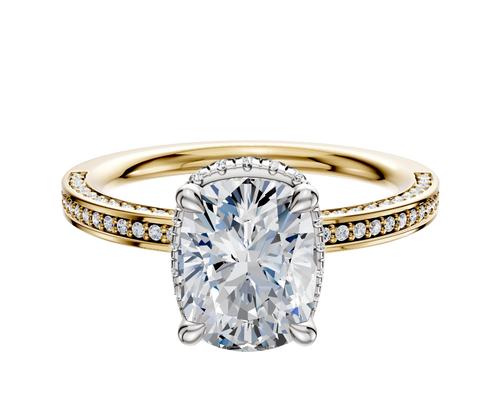 14K Two Tone 4 Prong Collar Classic Flat 3-Row-Pave 2.0mm Engagement Ring