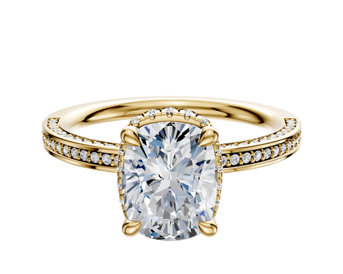 14K Yellow Gold 4 Prong Collar Classic Flat 3-Row-Pave 2.0mm Engagement Ring