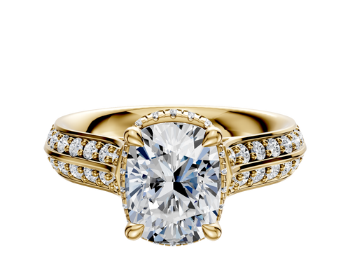 14K Yellow Gold 4 Prong Collar Cathedral Knife Edge 1-Row-Pave 2.5mm Engagement Ring