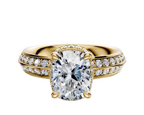 14K Yellow Gold 4 Prong Collar Classic Knife Edge 1-Row-Pave 2.5mm Engagement Ring