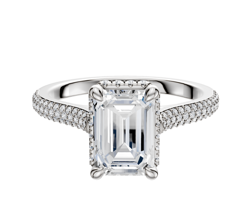 14K White Gold 4 Prong Collar Cathedral Dome 3-Row-Pave 2.0mm Engagement Ring