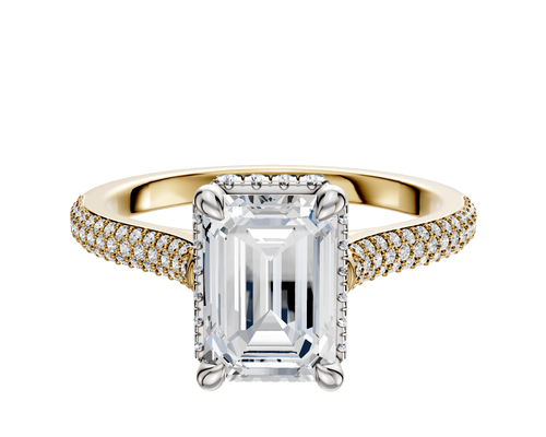 14K Two Tone 4 Prong Collar Cathedral Dome 3-Row-Pave 2.0mm Engagement Ring