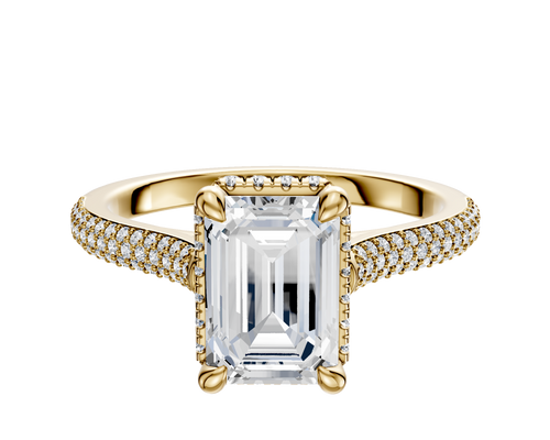 18K Yellow Gold 4 Prong Collar Cathedral Dome 3-Row-Pave 2.0mm Engagement Ring