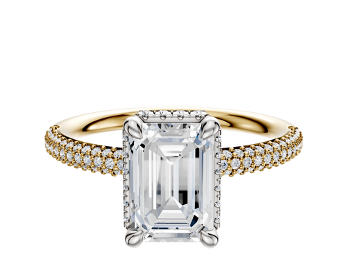 14K Two Tone 4 Prong Collar Classic Dome 3-Row-Pave 2.0mm Engagement Ring