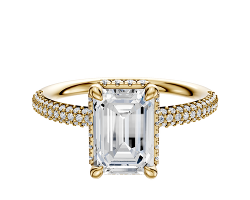 14K Yellow Gold 4 Prong Collar Classic Dome 3-Row-Pave 2.0mm Engagement Ring