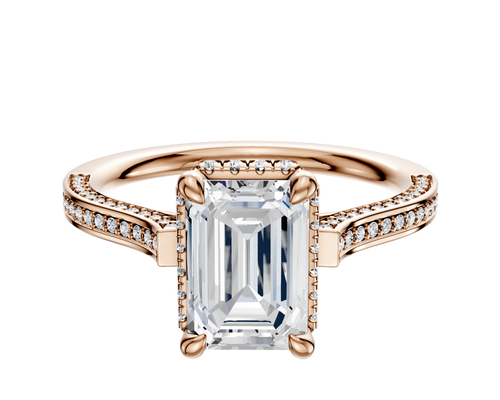 18K Rose Gold 4 Prong Collar Cathedral Flat 3-Row-Pave 2.0mm Engagement Ring
