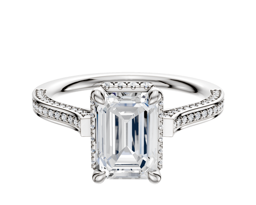 14K White Gold 4 Prong Collar Cathedral Flat 3-Row-Pave 2.0mm Engagement Ring