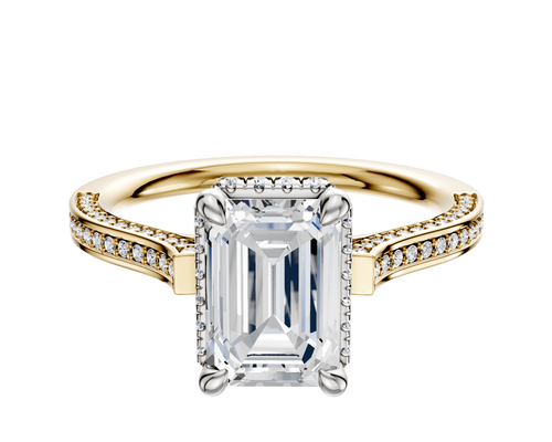 14K Two Tone 4 Prong Collar Cathedral Flat 3-Row-Pave 2.0mm Engagement Ring