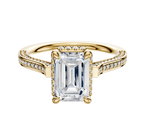 14K Yellow Gold 4 Prong Collar Cathedral Flat 3-Row-Pave 2.0mm Engagement Ring