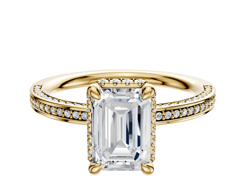 14K Yellow Gold 4 Prong Collar Classic Flat 3-Row-Pave 2.0mm Engagement Ring