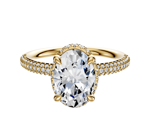 14K Yellow Gold 4 Prong Collar Classic Dome 3-Row-Pave 2.0mm Engagement Ring