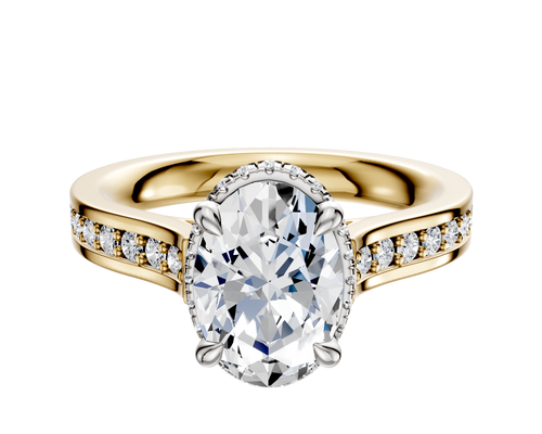 14K Two Tone 4 Prong Collar Cathedral Flat 1-Row-Pave 2.5mm Engagement Ring