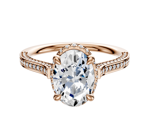 18K Rose Gold 4 Prong Collar Cathedral Flat 3-Row-Pave 2.0mm Engagement Ring