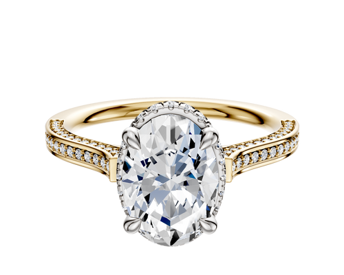 14K Two Tone 4 Prong Collar Cathedral Flat 3-Row-Pave 2.0mm Engagement Ring