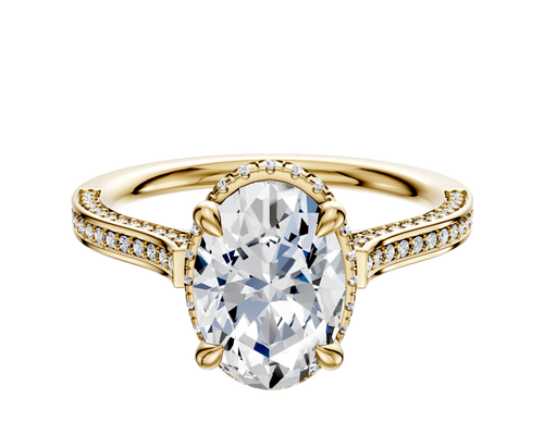 18K Yellow Gold 4 Prong Collar Cathedral Flat 3-Row-Pave 2.0mm Engagement Ring