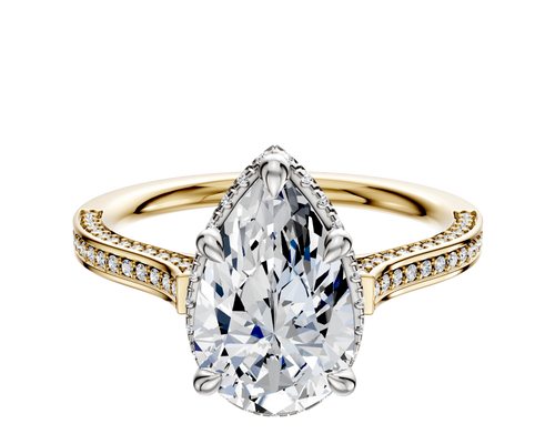 14K Two Tone 4 Prong Collar Cathedral Flat 3-Row-Pave 2.0mm Engagement Ring