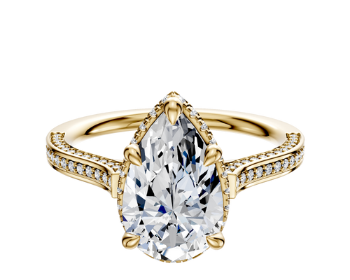 18K Yellow Gold 4 Prong Collar Cathedral Flat 3-Row-Pave 2.0mm Engagement Ring