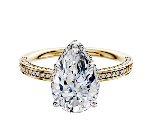 18K Two Tone 4 Prong Collar Classic Flat 3-Row-Pave 2.0mm Engagement Ring