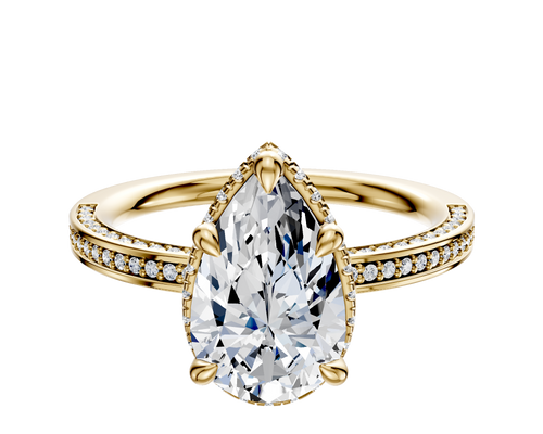 14K Yellow Gold 4 Prong Collar Classic Flat 3-Row-Pave 2.0mm Engagement Ring