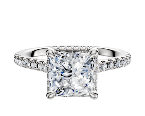 14K White Gold 4 Prong Collar Cathedral Dome 1-Row-Pave 2.5mm Engagement Ring