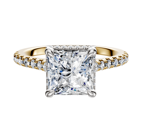 18K Two Tone 4 Prong Collar Cathedral Dome 1-Row-Pave 2.5mm Engagement Ring