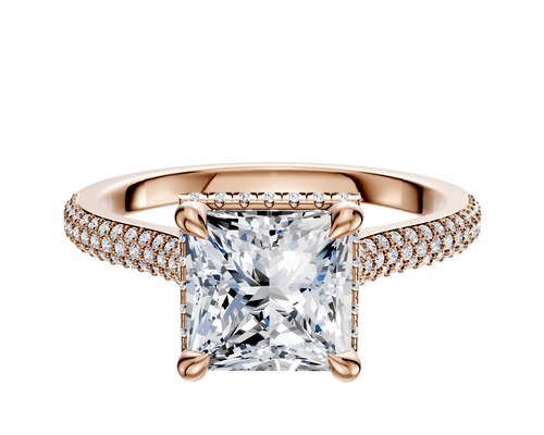 18K Rose Gold 4 Prong Collar Cathedral Dome 3-Row-Pave 2.0mm Engagement Ring