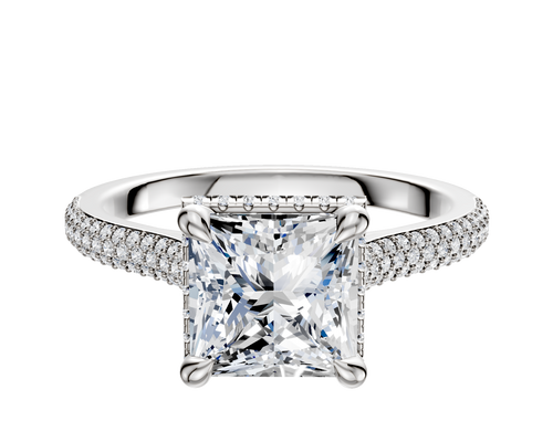 18K White Gold 4 Prong Collar Cathedral Dome 3-Row-Pave 2.0mm Engagement Ring