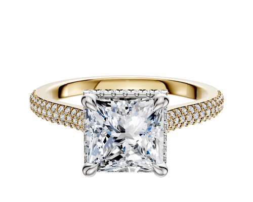 14K Two Tone 4 Prong Collar Cathedral Dome 3-Row-Pave 2.0mm Engagement Ring