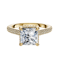 The 18K Yellow Gold 4 Prong Collar Cathedral Dome Engagement Ring features a center stone set by four prongs and a 3-row pave band with sparkling diamonds, all in a classic 2.0mm design.