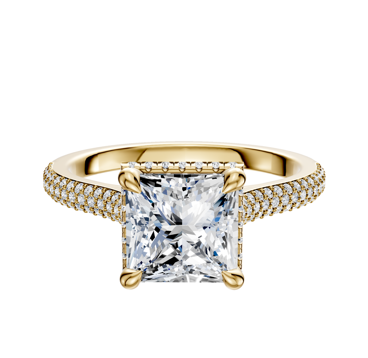 The 18K Yellow Gold 4 Prong Collar Cathedral Dome Engagement Ring features a center stone set by four prongs and a 3-row pave band with sparkling diamonds, all in a classic 2.0mm design.