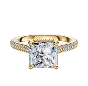 The 18K Yellow Gold 4 Prong Collar Cathedral Dome Engagement Ring features a center stone set by four prongs and a 3-row pave band with sparkling diamonds, all in a classic 2.0mm design.