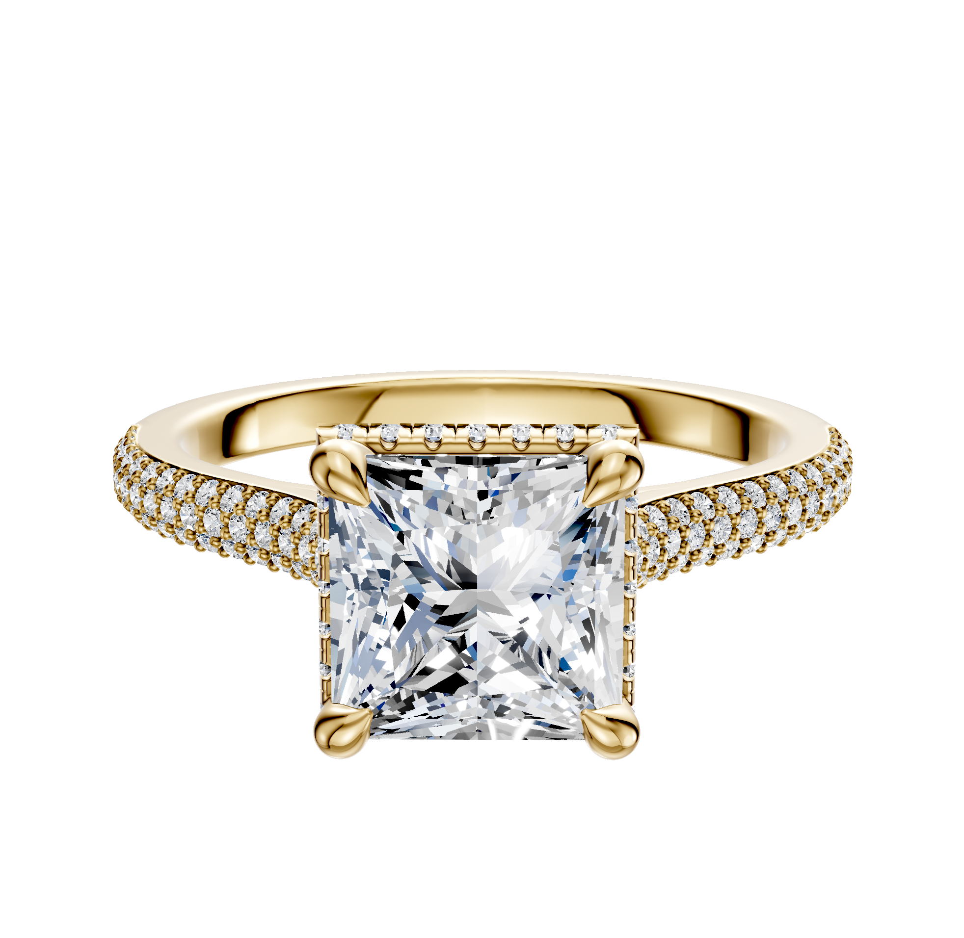 The 18K Yellow Gold 4 Prong Collar Cathedral Dome Engagement Ring features a center stone set by four prongs and a 3-row pave band with sparkling diamonds, all in a classic 2.0mm design.