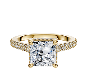 18K Yellow Gold 4 Prong Collar Cathedral Dome 3-Row-Pave 2.0mm Engagement Ring