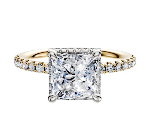 14K Two Tone 4 Prong Collar Classic Dome 1-Row-Pave 2.5mm Engagement Ring