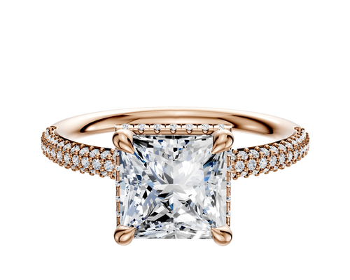 18K Rose Gold 4 Prong Collar Classic Dome 3-Row-Pave 2.0mm Engagement Ring