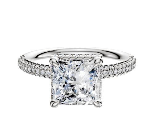 18K White Gold 4 Prong Collar Classic Dome 3-Row-Pave 2.0mm Engagement Ring