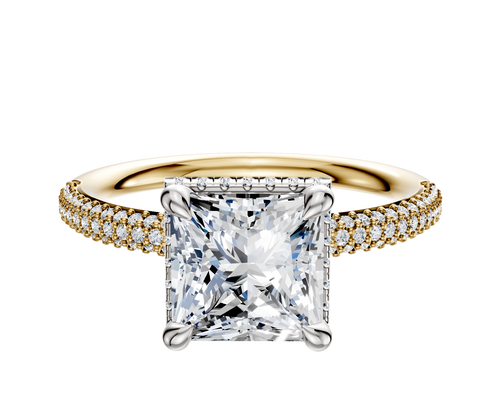 14K Two Tone 4 Prong Collar Classic Dome 3-Row-Pave 2.0mm Engagement Ring
