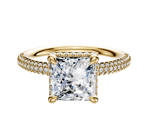 18K Yellow Gold 4 Prong Collar Classic Dome 3-Row-Pave 2.0mm Engagement Ring
