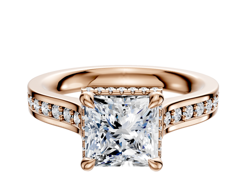 18K Rose Gold 4 Prong Collar Cathedral Flat 1-Row-Pave 2.5mm Engagement Ring