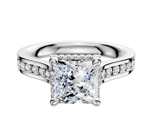 18K White Gold 4 Prong Collar Cathedral Flat 1-Row-Pave 2.5mm Engagement Ring
