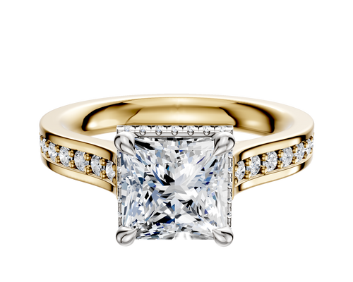 18K Two Tone 4 Prong Collar Cathedral Flat 1-Row-Pave 2.5mm Engagement Ring