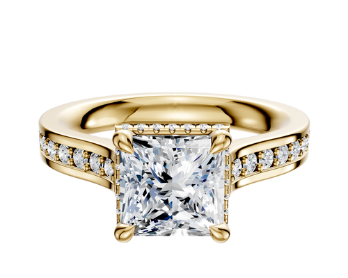 18K Yellow Gold 4 Prong Collar Cathedral Flat 1-Row-Pave 2.5mm Engagement Ring