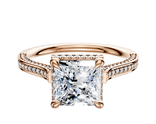 18K Rose Gold 4 Prong Collar Cathedral Flat 3-Row-Pave 2.0mm Engagement Ring