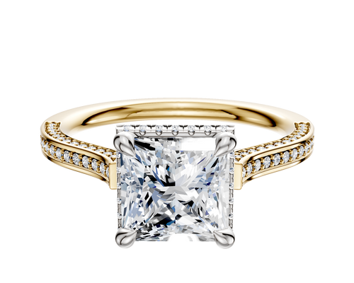 18K Two Tone 4 Prong Collar Cathedral Flat 3-Row-Pave 2.0mm Engagement Ring