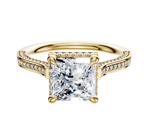 18K Yellow Gold 4 Prong Collar Cathedral Flat 3-Row-Pave 2.0mm Engagement Ring