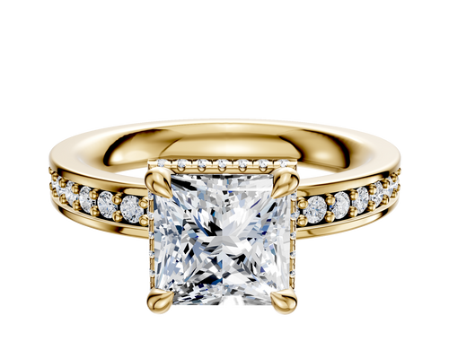18K Yellow Gold 4 Prong Collar Classic Flat 1-Row-Pave 2.5mm Engagement Ring