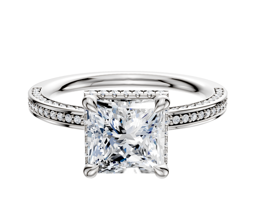 14K White Gold 4 Prong Collar Classic Flat 3-Row-Pave 2.0mm Engagement Ring